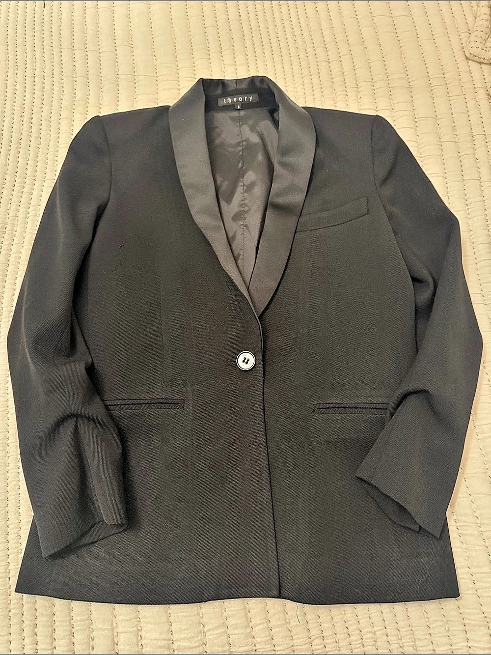 Theory Wool Blend Satin Shawl Collar Tuxedo Blazer Black Size 0
